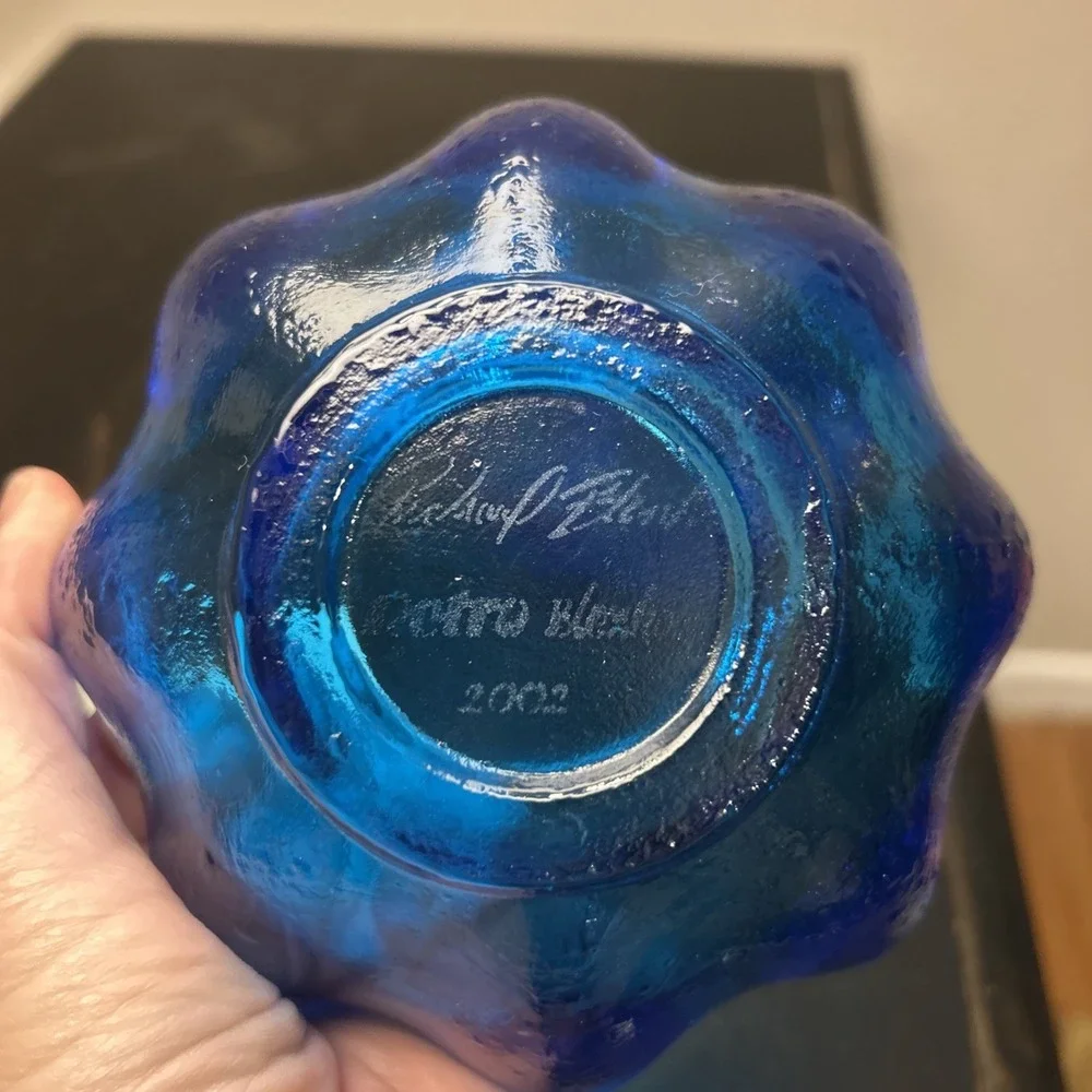 (2) VTG MCM BLENKO Art Glass Lotus Bowl‎ Blue Signed  2002 Richard Blenko - Picture 4 of 15